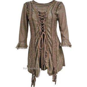 NWT PRETTY ANGEL VICTORIAN SLIMMING RENAISSANCE TUNIC IN BROWN M-3XL